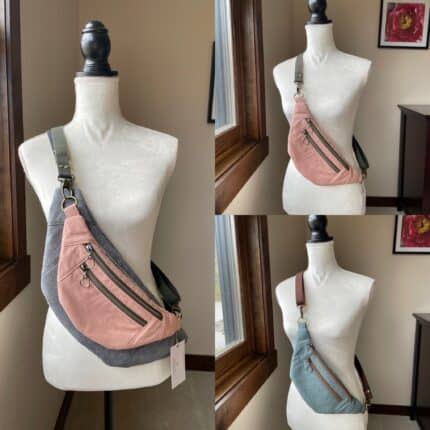 A collage of pictures showing crossbody sling bags in pink and sage green tones draped over a mannequin.