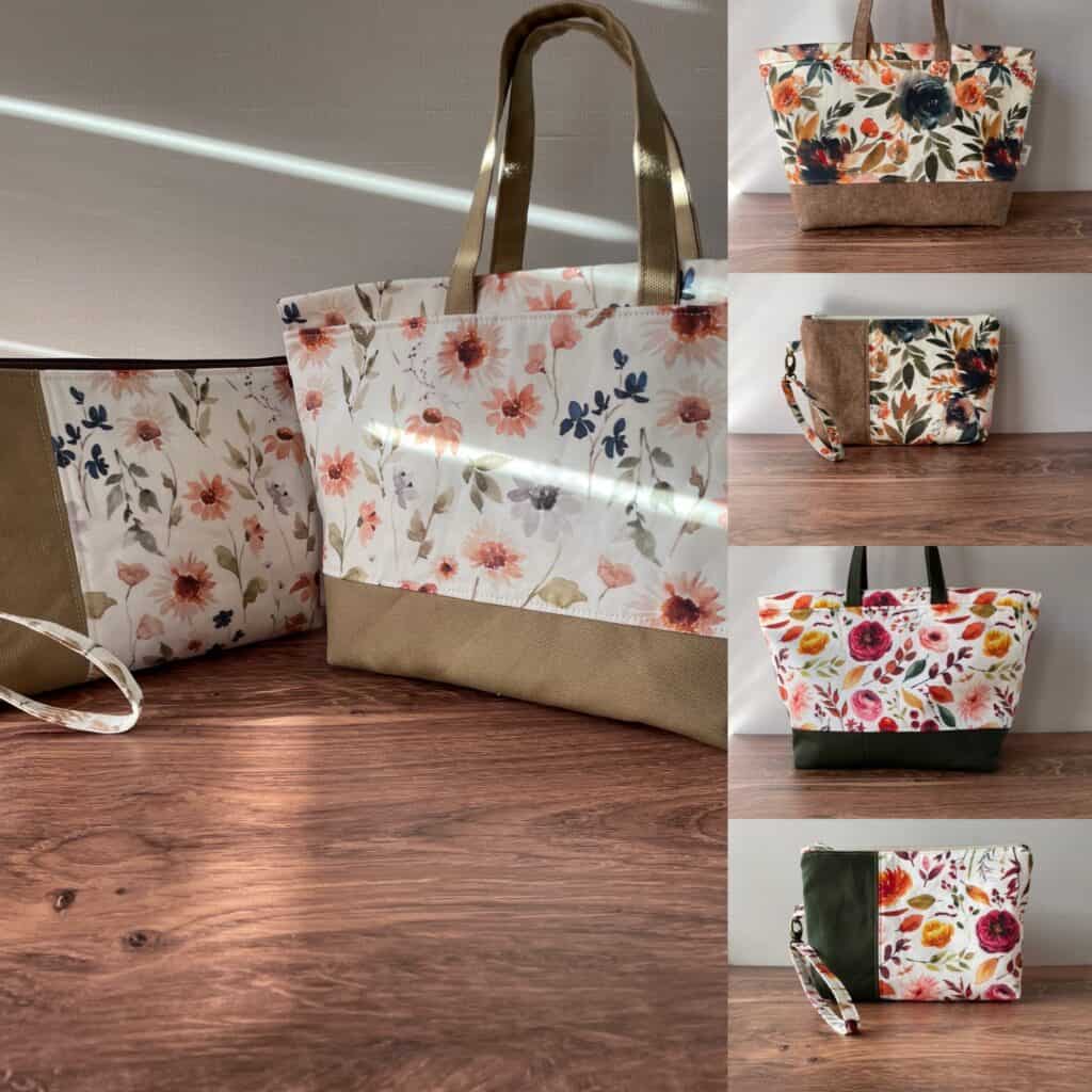 A collage of pictures showing drawstring and zipper pouches in a variety of fall themed printed fabrics.