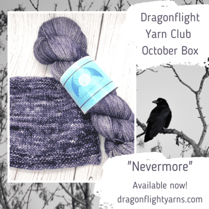 A skein of yarn in blue, purple and black and the text Dragonflight Yarn Club October Box Nevermore Available now dragonflightyarns.com.
