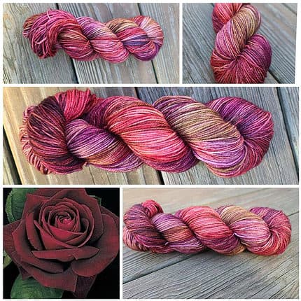 Several images of a skein of rose brown and red variegated yarn and a red rose.