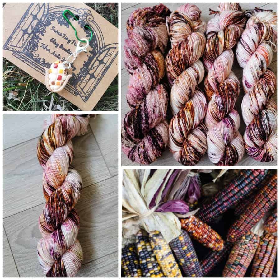 Skeins of speckled red, yellow and brown yarn and an image of heritage corn in purples, pinks and oranges.