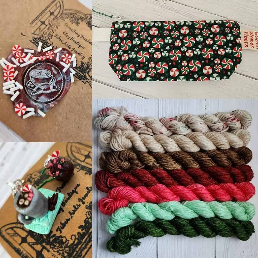 Mini skeins of yarn in red, green, brown and greens with a peppermint cocoa charm set and red, green and white peppermint project bag.