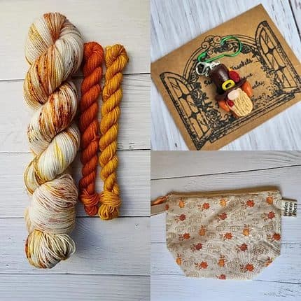Tuekey gobbler themed sock set. Yellow, brown, orange speckles with a turkey gnome charm and falling leaves project bag.