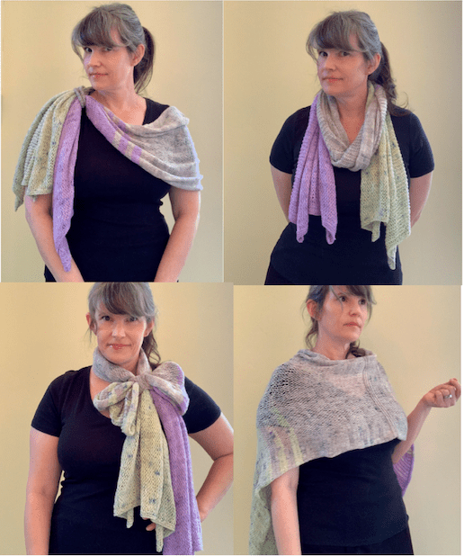 Four small images of the same light-skinned woman wearing a the same knitted wrap four different ways.