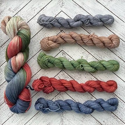 A large skein of yarn and five small skeins of yarn in gray, brown, green, red and blue.