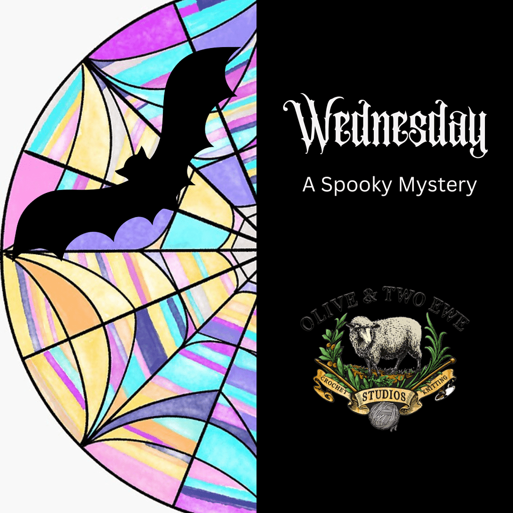 A multi-colored semi-circle with a black bat next to a black rectangle with the words Wednesday, a Spooky Mystery.