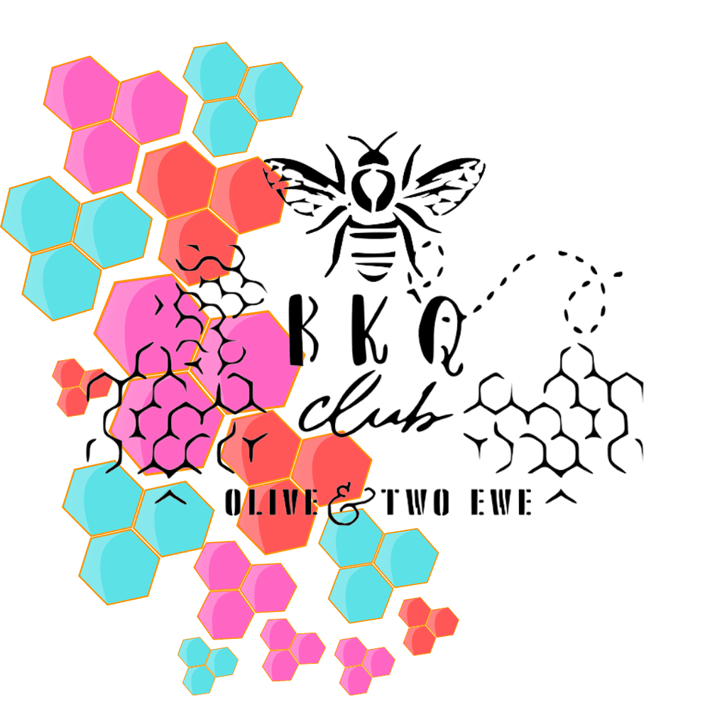 Coral and teal hexagons with the words BKQ Club Olive & Two Ewe.