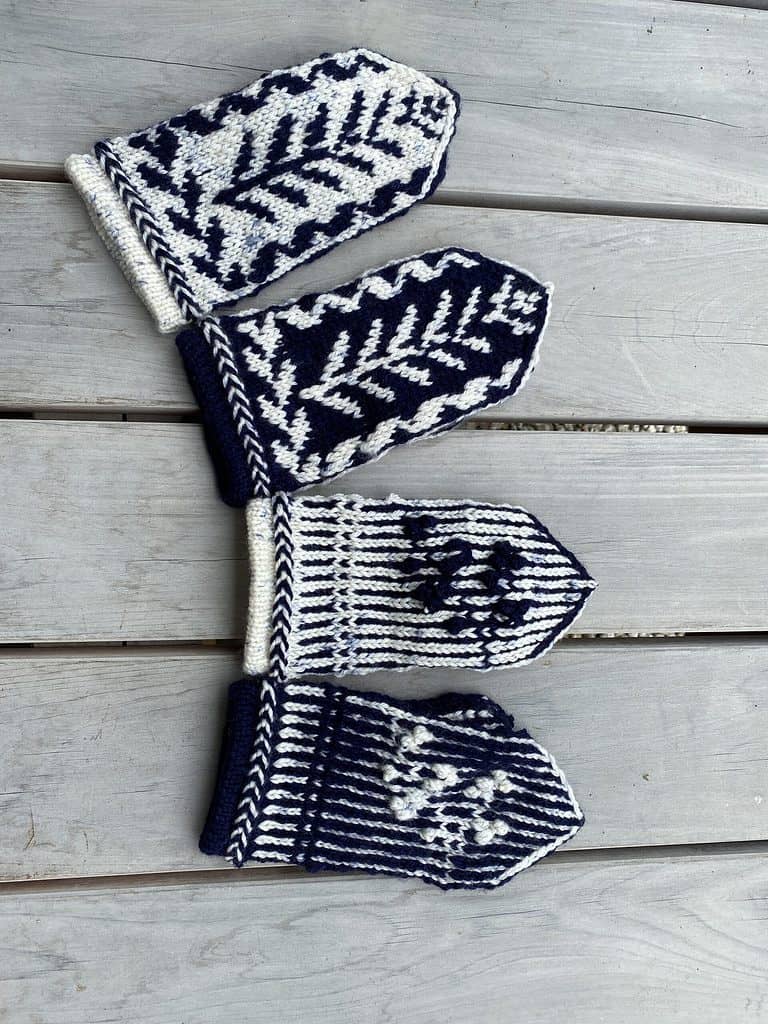 Dark blue and white colorwork mittens.
