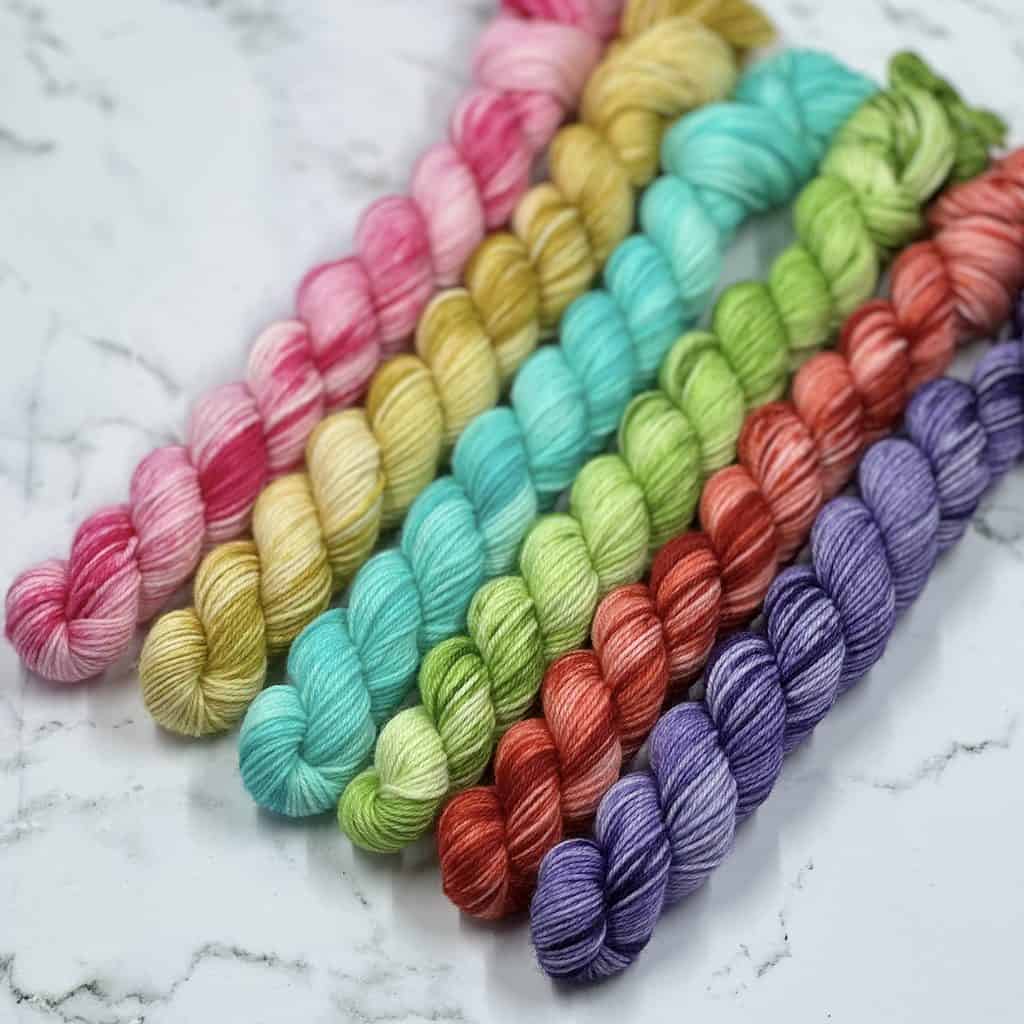 A set of six mini skeins of yarn; one each in variegated shades of purple, red, green, teal, yellow and pink.
