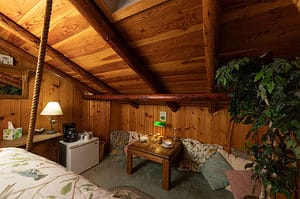 A wood-beamed room.