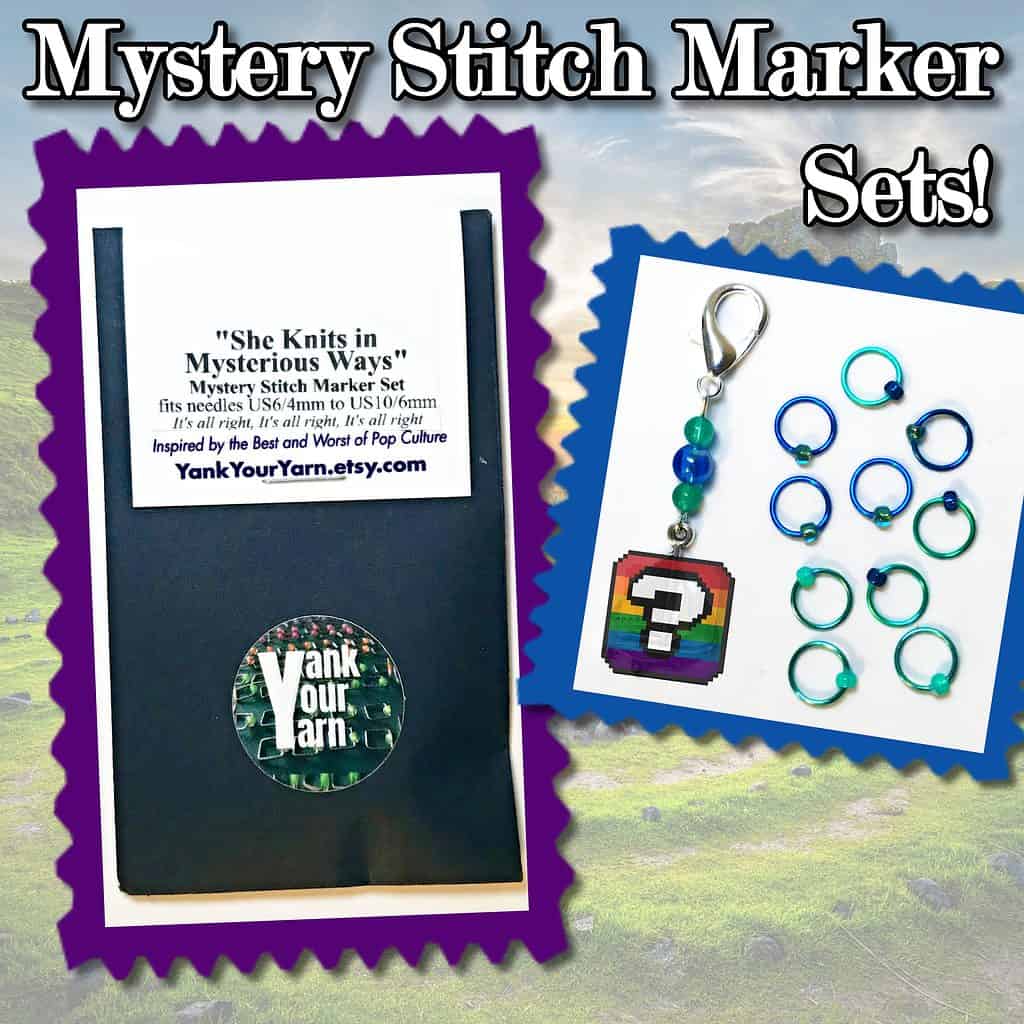 A set of round stitch markers, with a progress keeper with a question mark graphic obscuring the charm. A black envelope with a tag labeled, "Mystery Stitch Marker Set.”