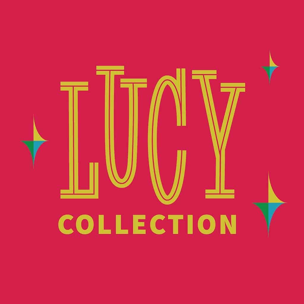 The text Lucy collection in yellow letters on a pink background.