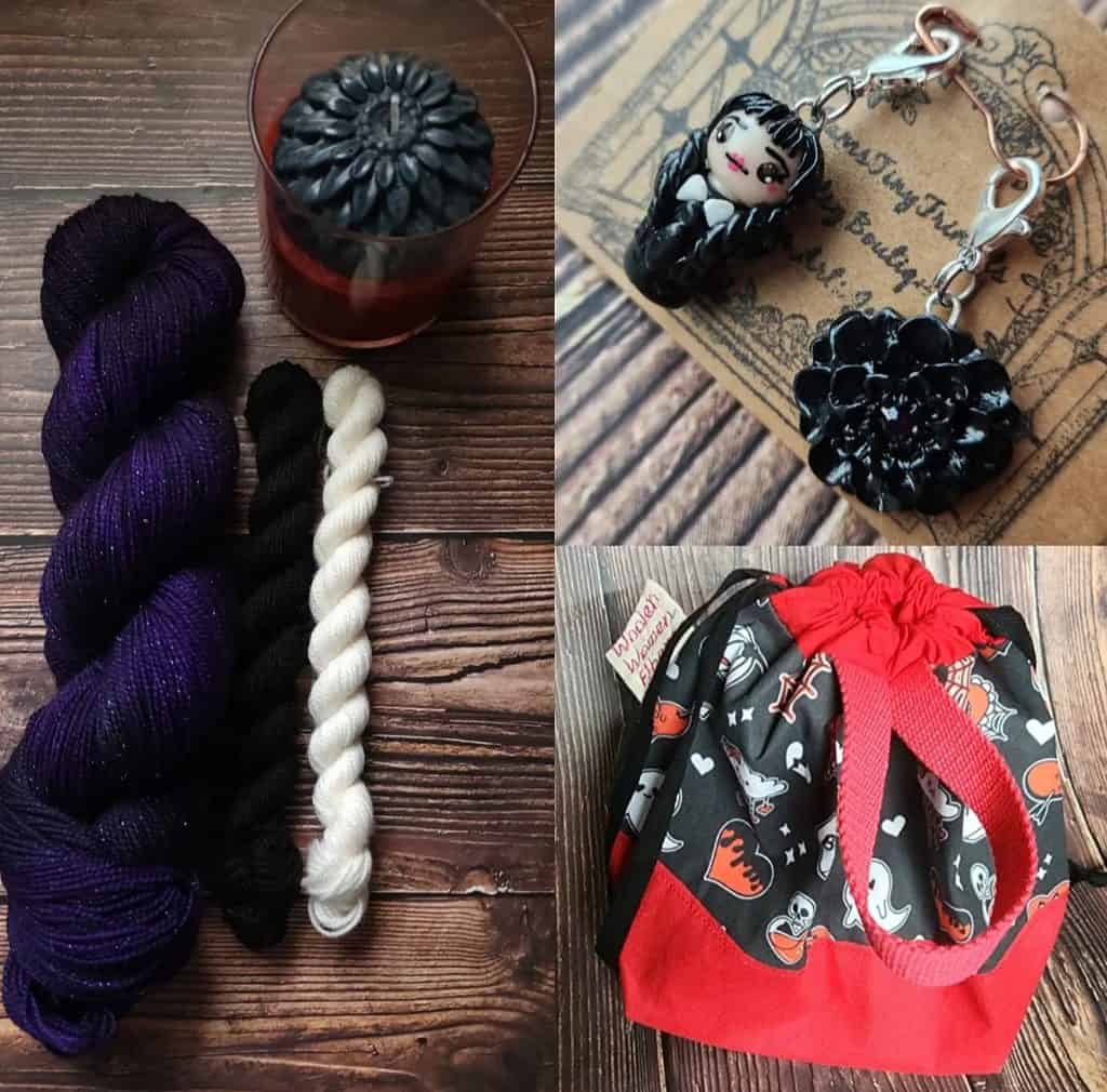 A dark, deep purple skein with a black and white mini. A gothic themed love project bag and a gothic themed charm set with a gothic girl and black Dahlia charms.
