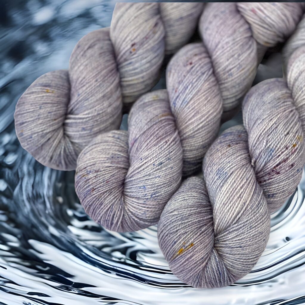 Background of pooled water with three light lavender skeins of yarn.