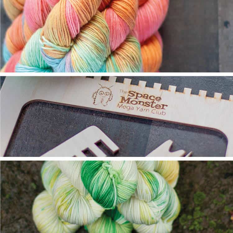 Skeins of yarn in sherbert colours (peach, orange, and ocean blue) and in greens and yellows, and a SpaceMonster loom.