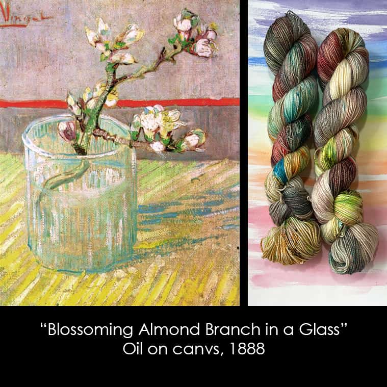 A painting of a blooming olive branch, paired with yarn that is pink, gray and green.