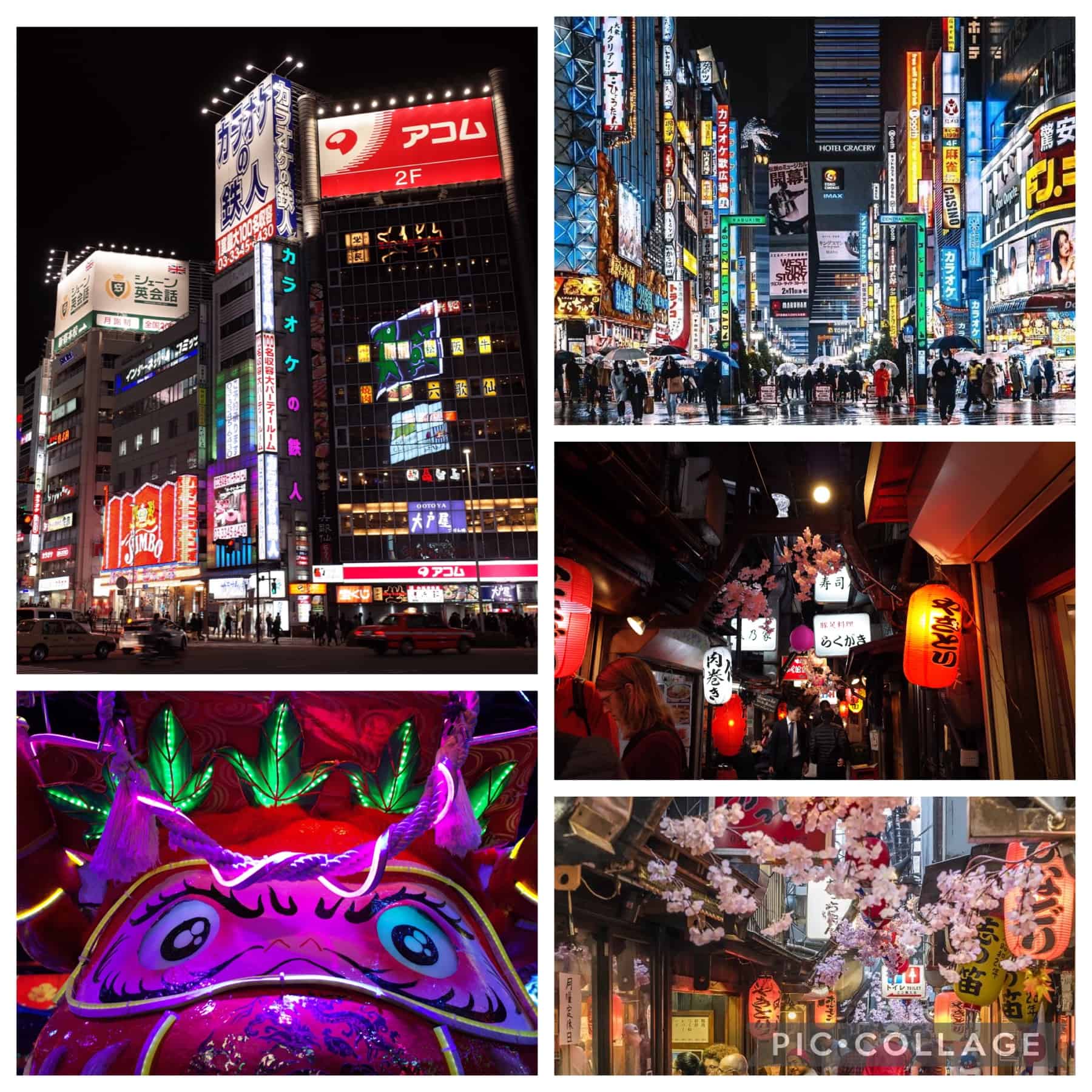 A collage of nighttime photos of Tokyo in various locations around the city.