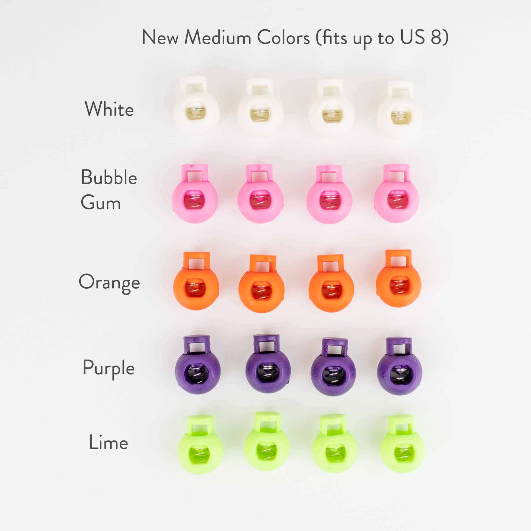 Cable locks in white, pink, orange, purple, and lime and the text New Medium Colors (fits up to US 8).