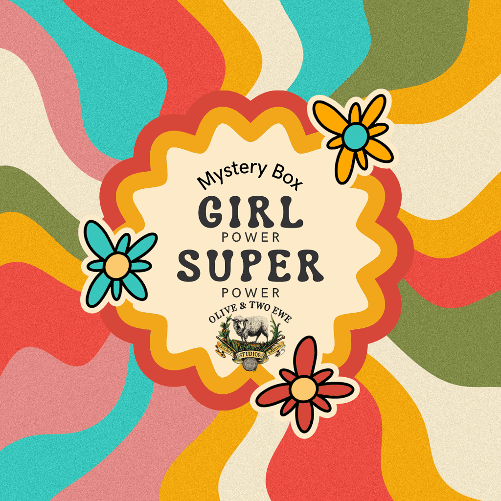 A starburst of 1970s color with the words "Girl Power Super Power Mystery Box" in the center with three flowers.