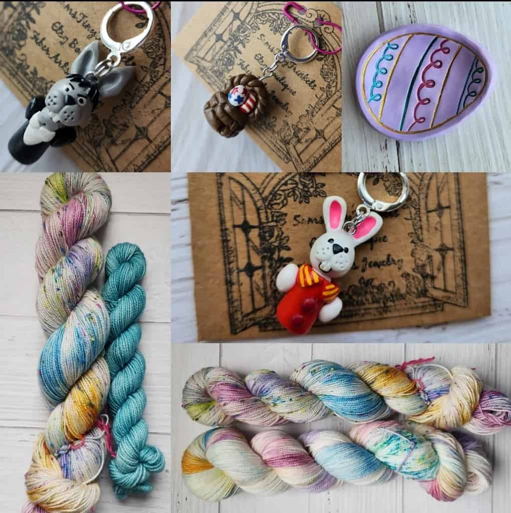 A skein splashed in Easter pastels with a blue mini, a ln Easter egg purple trinket dish and Peter cottonail-inspired character charms.