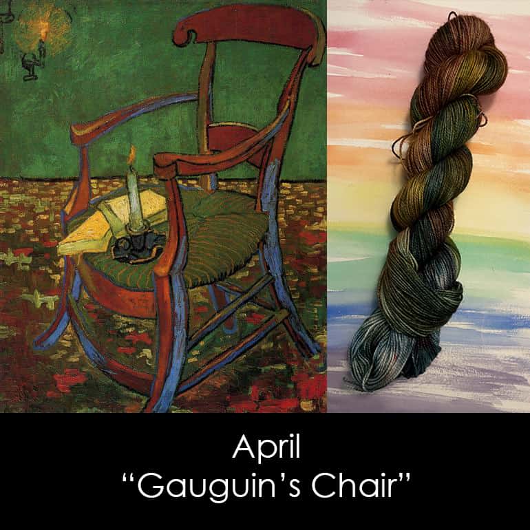 A painting of a chair next to a skein of red and green yarn and the text April; “Gauguin’s Chair.”