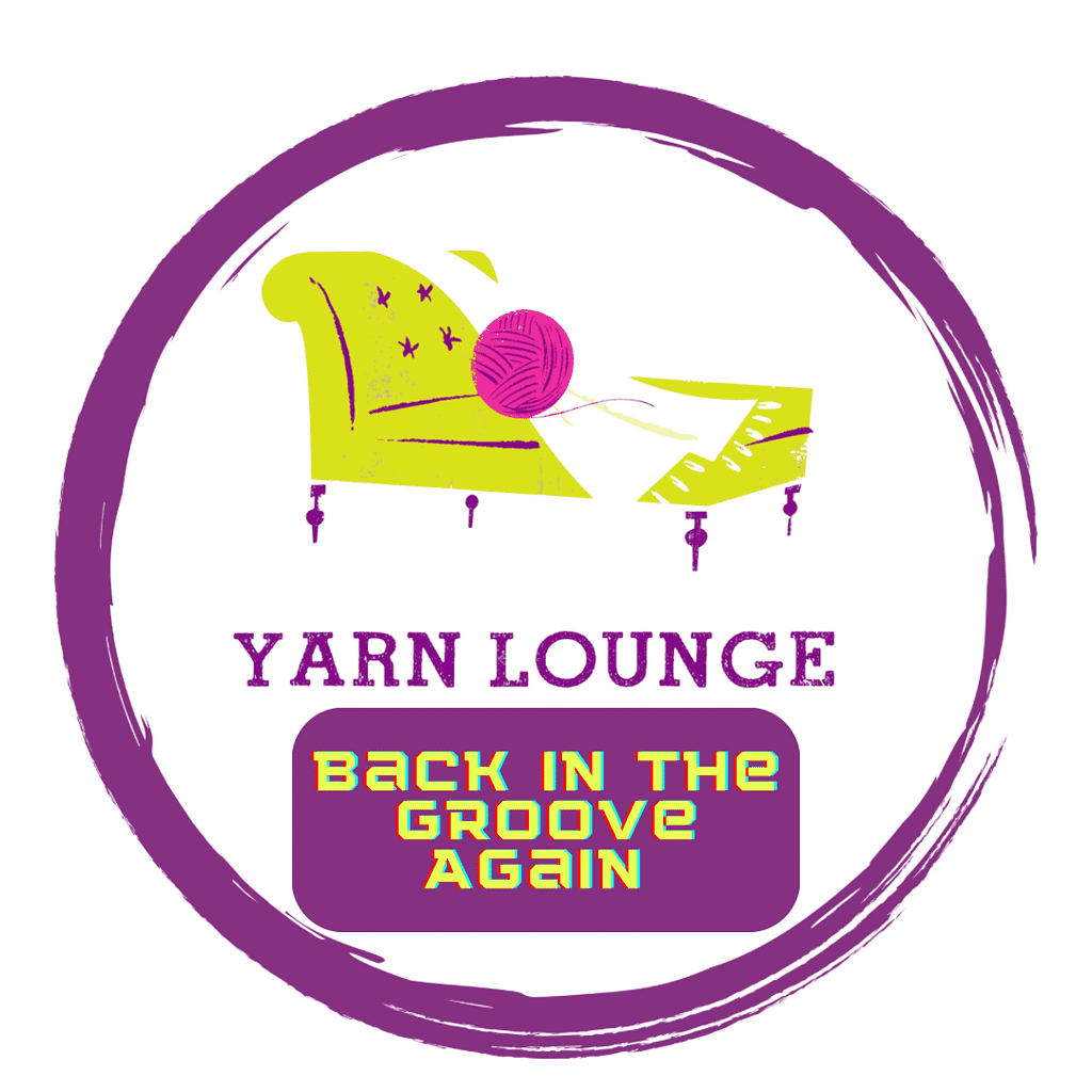 An acid green sofa with a pink ball of yarn on it with the image surrounded by a broken purple circle and the words, "Yarn Lounge Back in the Groove Again."