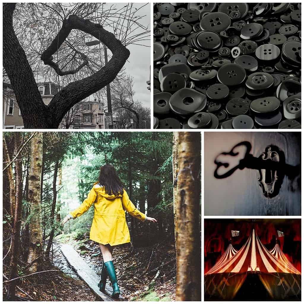 An image collage with a curved tree branch, a pile of buttons, an antique key in a key hole, a red and white striped circus tent and the back of a light-skinned woman walking through a forest in a yellow raincoat and green rain boots.