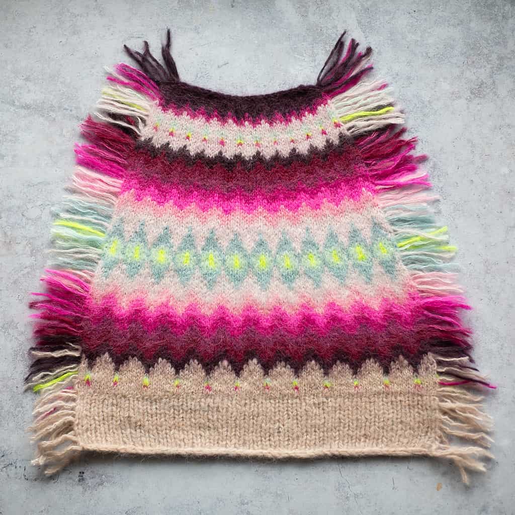 A colourful swatch for the yoke of a fair isle sweater in shades of cream, pink, maroon, aqua and neon yellow.
