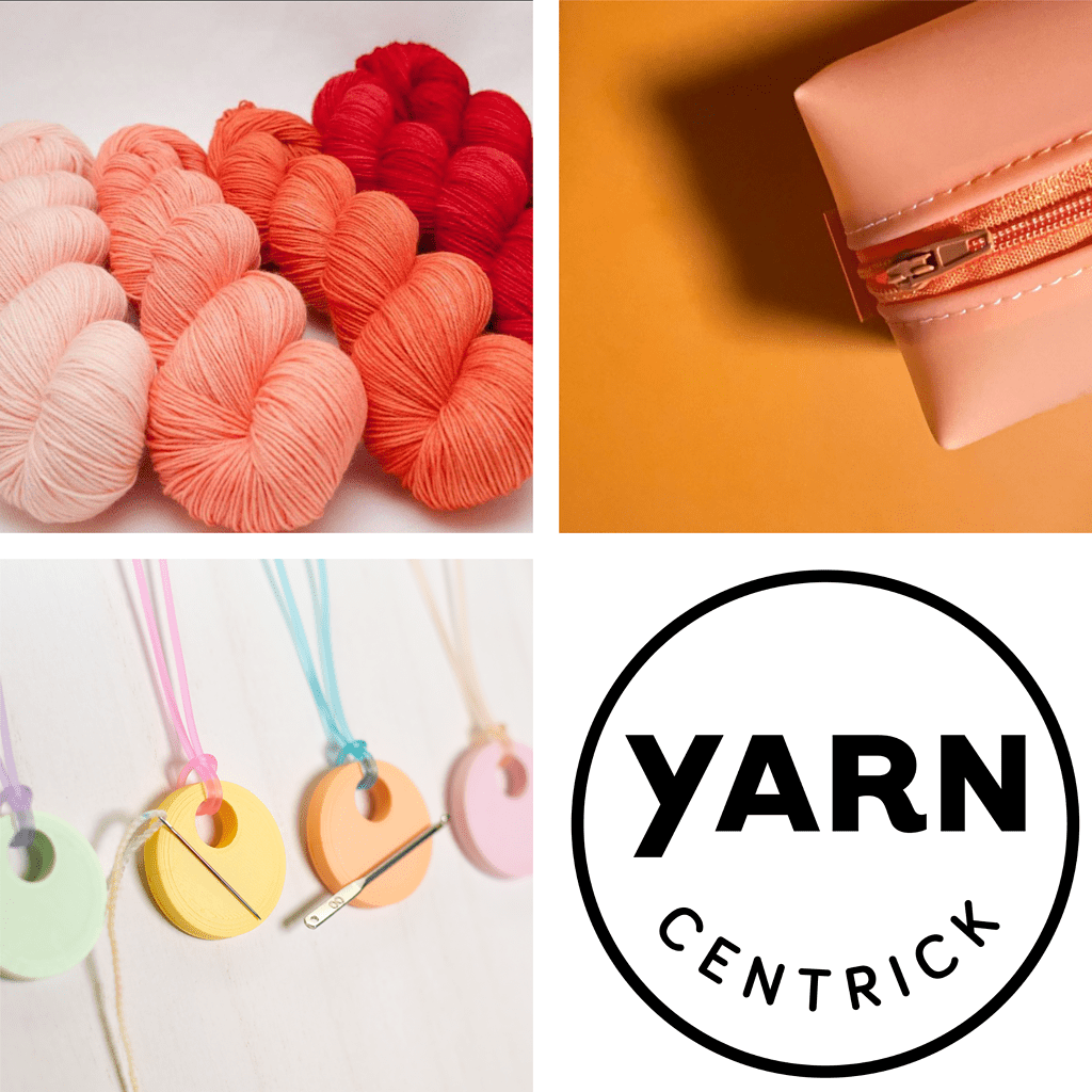 The Yarncentrick logo, pastel green, yellow, peach, and pink metal necklaces with tapestry and sewing needles, a five skein collection of gradient yarns ranging from light peach to dark red, a peach project bag on an orange background.