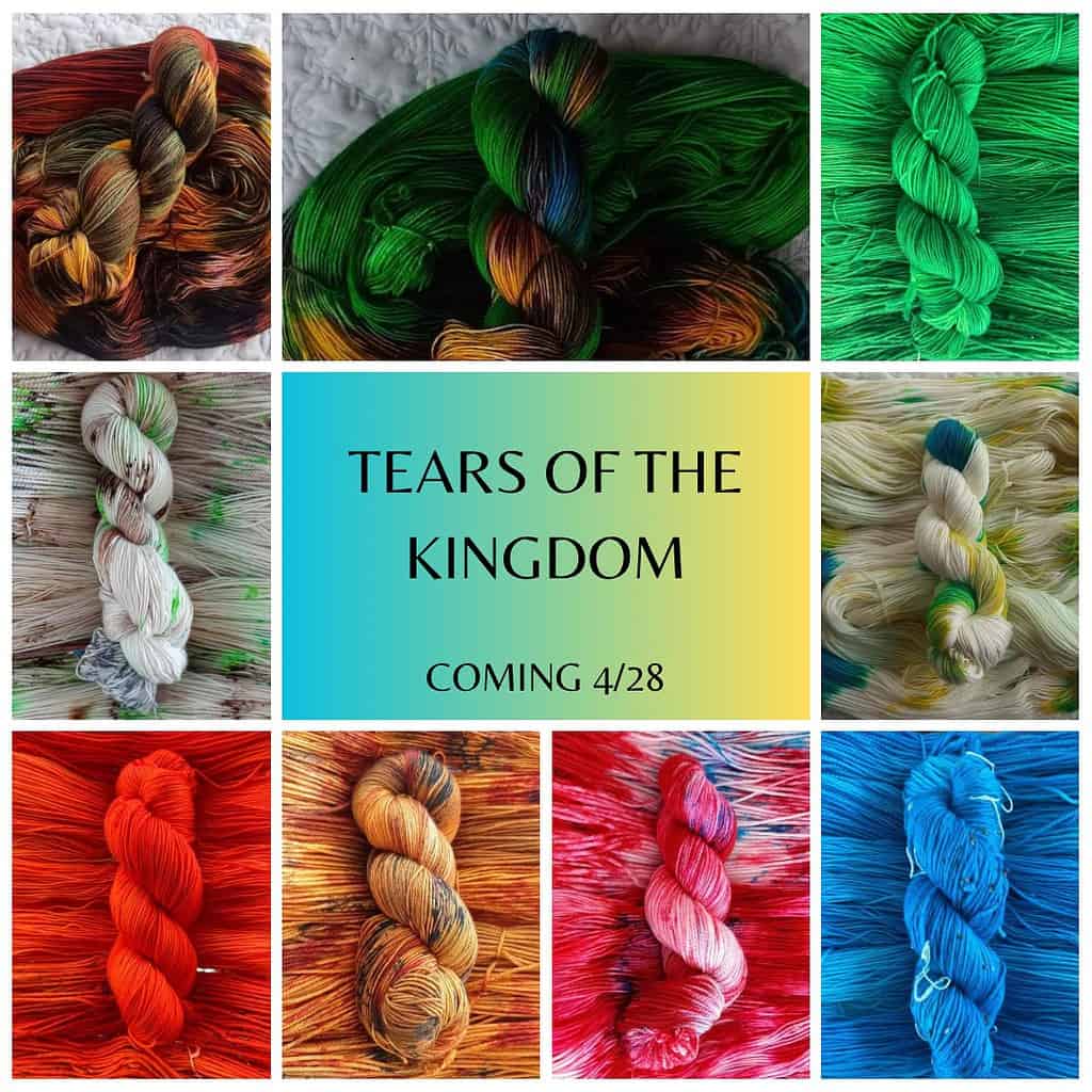A nine-photo grid collage of different colorways of yarn, with the description of the collection and release date featured.