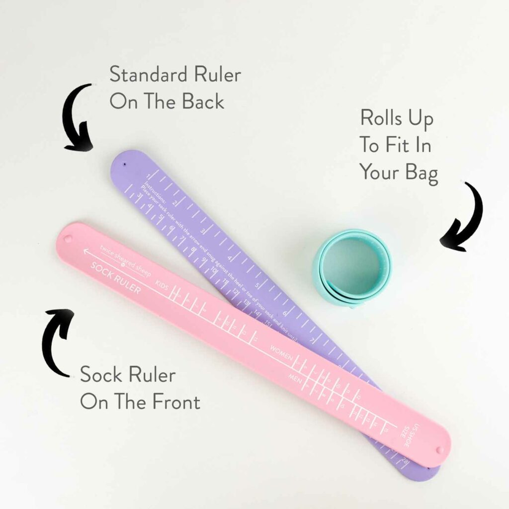 Three sock rulers in pink, lavender, and aqua and the text Sock ruler on the front, standard ruler on the back, rolls up to fit in your bag.