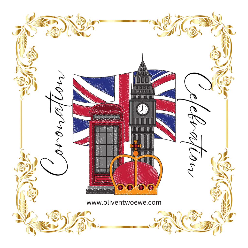 A gold filigree frame surrounding a British flag, Big Ben, a Crown and a British phone booth with the words "Coronation Celebration."