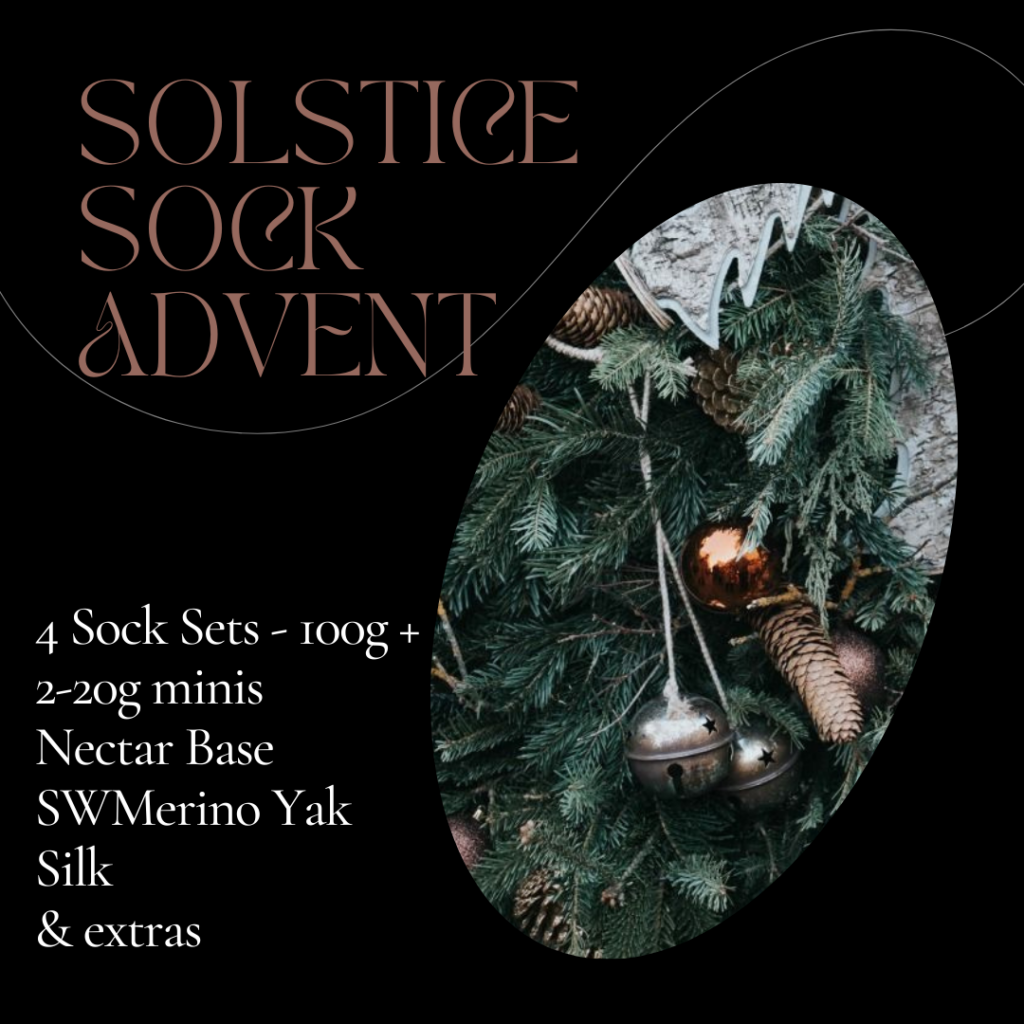 A black background with a peak at some winter greens decorated with bells and the text Solstice Sock Advent.
