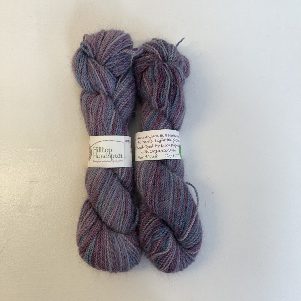 2 skeins of gray, pink and blue angora yarn.