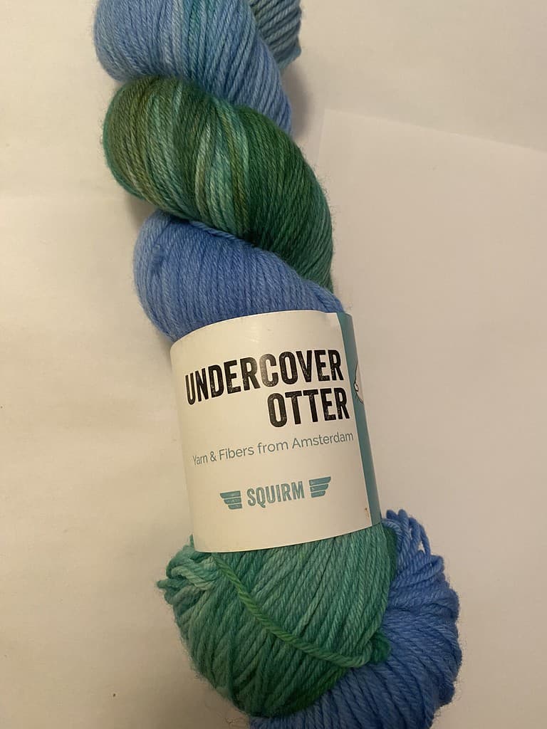 A skein of bright green and blue yarn.