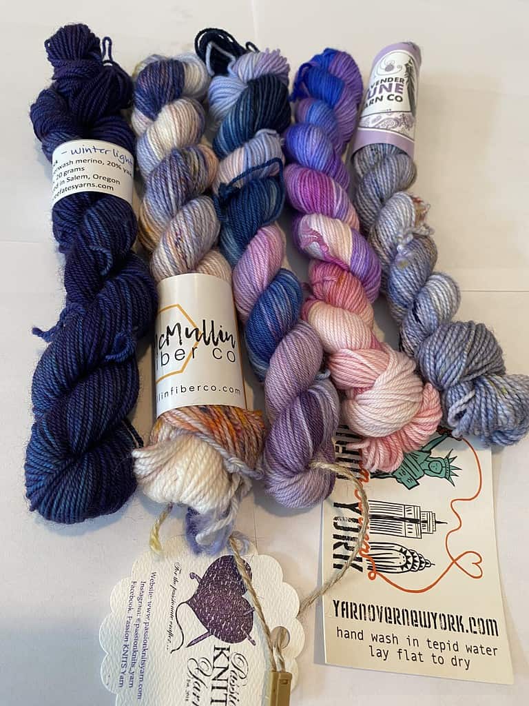 5 mini skein yarn set in purples.