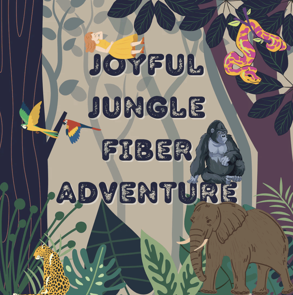 An illustration of a jungle scene with trees and foliage, a gorilla, neon pink and orange snake, colorful birds, a cheetah, elephant, and a woman in a yellow dress laying atop the text Joyful Jungle Fiber Adventure.