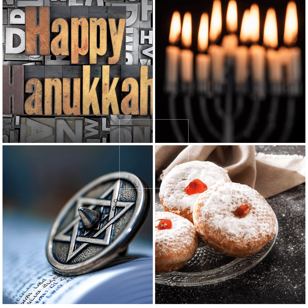 A collage of Hanukkah images including a lit menorah, jelly donuts and a metal dreidel with a Star of David.