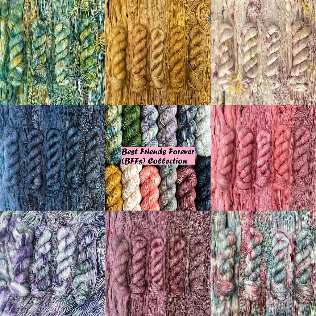 A collage of nine images featuring nine different colors of yarn, including pinks, yellows, greens and blues.