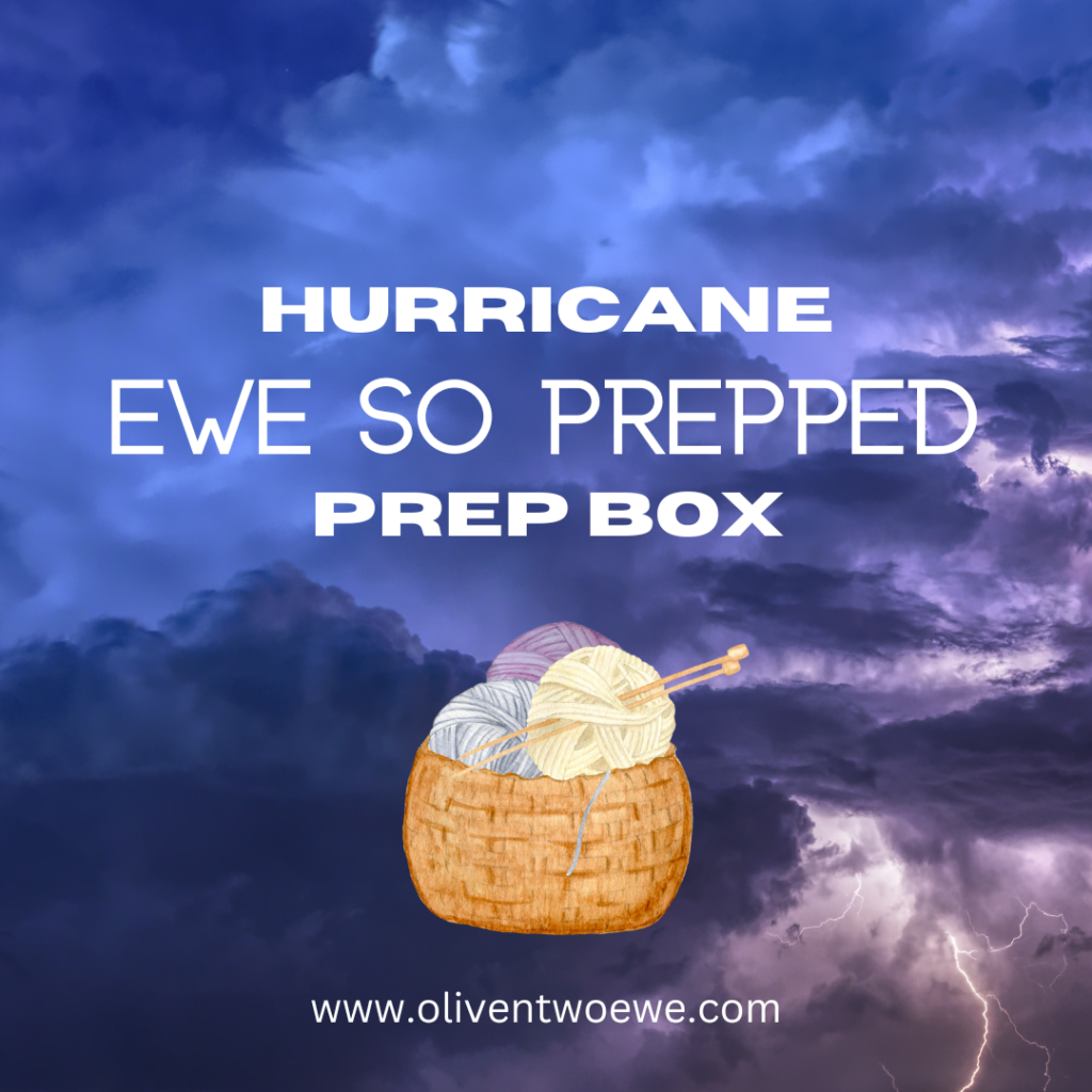 A stormy sky with a basket of yarn and the words "Hurricane Prep Box; Ewe so Prepped."