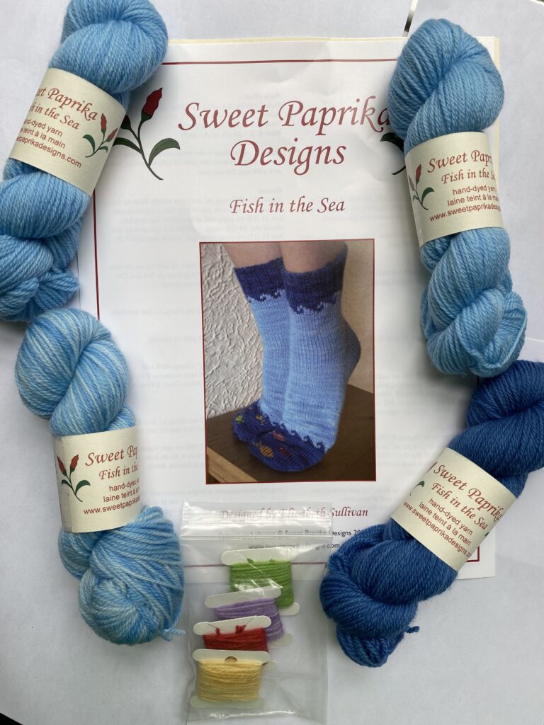 4 skeins blue yarn and sock pattern.