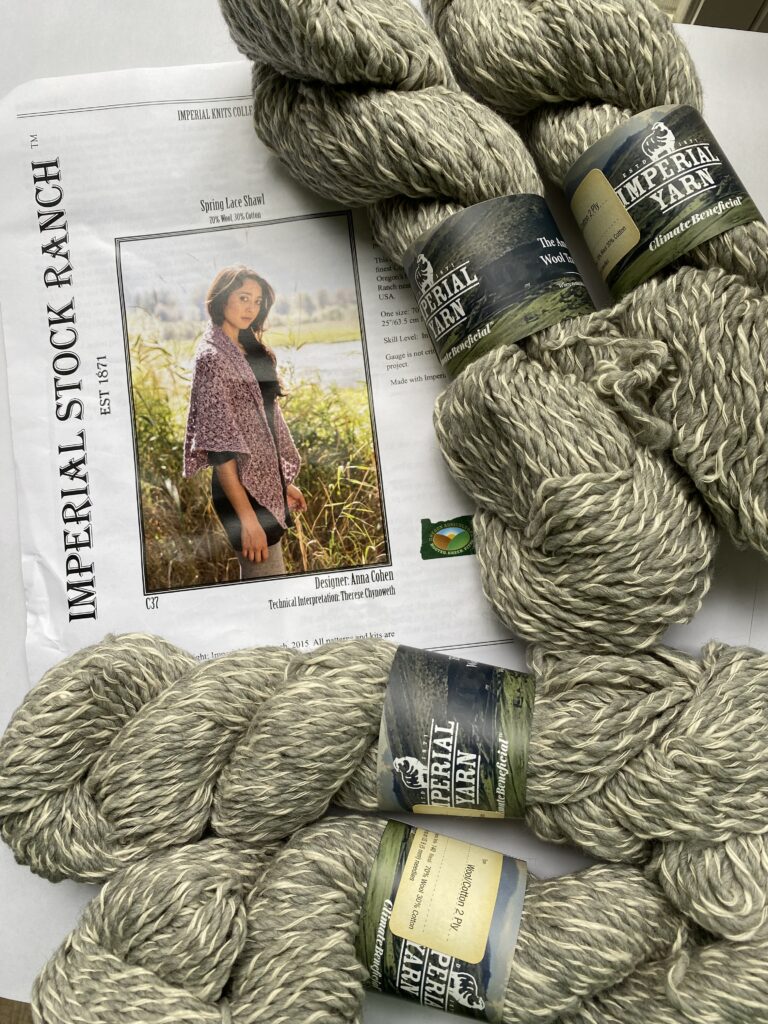 4 skeins of grey and cream plied yarn with shawl pattern.