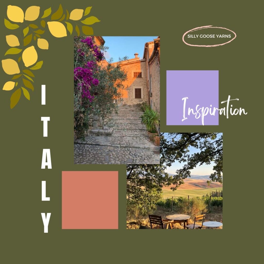 A collage of photos with a green background, yellow and green leaves in the corner and the word ITALY on the left side.