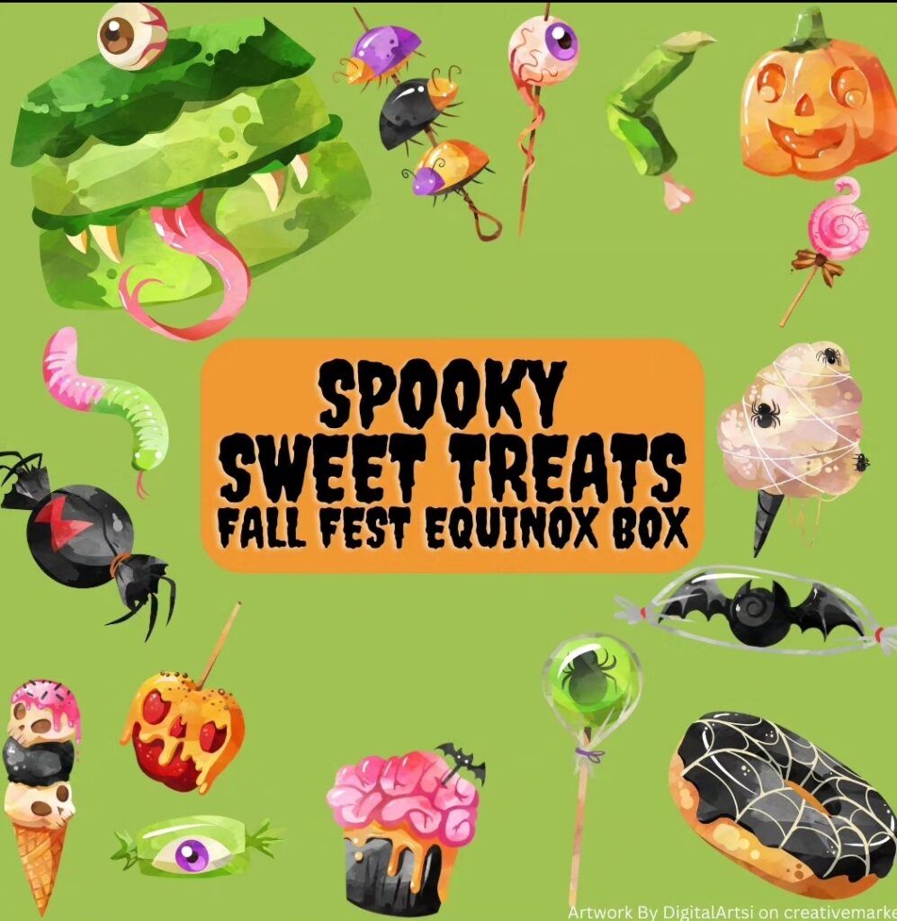 A green background with spooky, creepy crawly treats lining the outside with text "spooky sweet treats fall fest equinox box.”