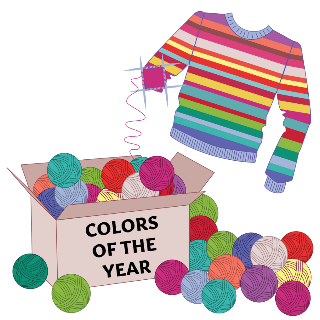An illustration of a colorful striped sweater and a box filled with colorful yarn balls with the text Colors of the Year printed on the side.