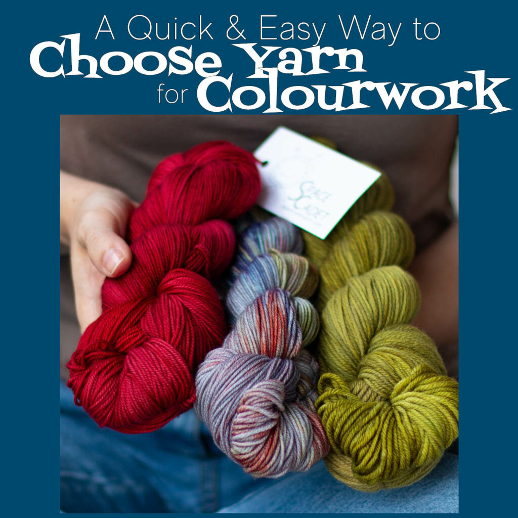 A picture of light-skinned hands holding three skeins of yarn in maroon, grey, and khaki, with the words "A Quick & Easy Way to Choose Yarn for Colourwork."