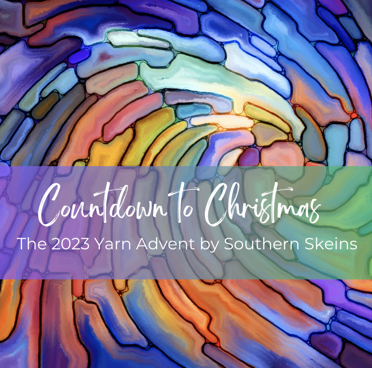 The text Countdown to Christmas: The 2023 Yarn Advent by Southern Skeins over a swirl of color.