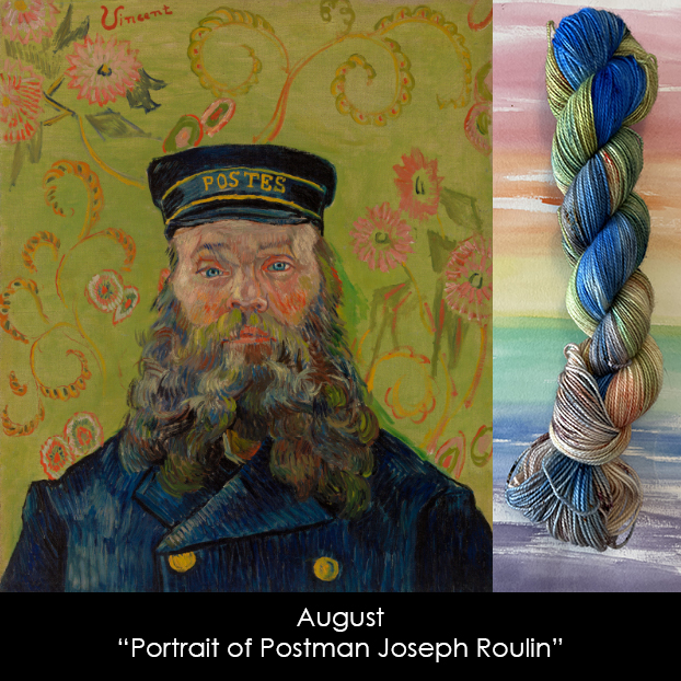 A painting of a bearded man in front of a green and gold floral background with a skein of yarn in similar colors. Text reads August, Portrait of Postman Joseph Roulin."