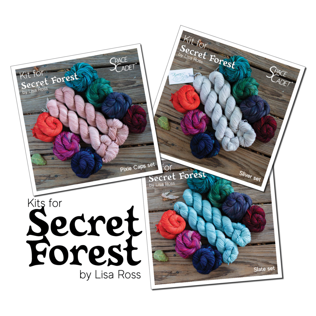 Three images of Secret Forest sets: each with two full sized skeins of yarn (in blush-taupe, or soft blue, or silver-grey) and surrounded by seven pairs of mini-skeins in a rainbow of colours (a red, an orange, a magenta, a grey, a purple, a turquoise, and a green).