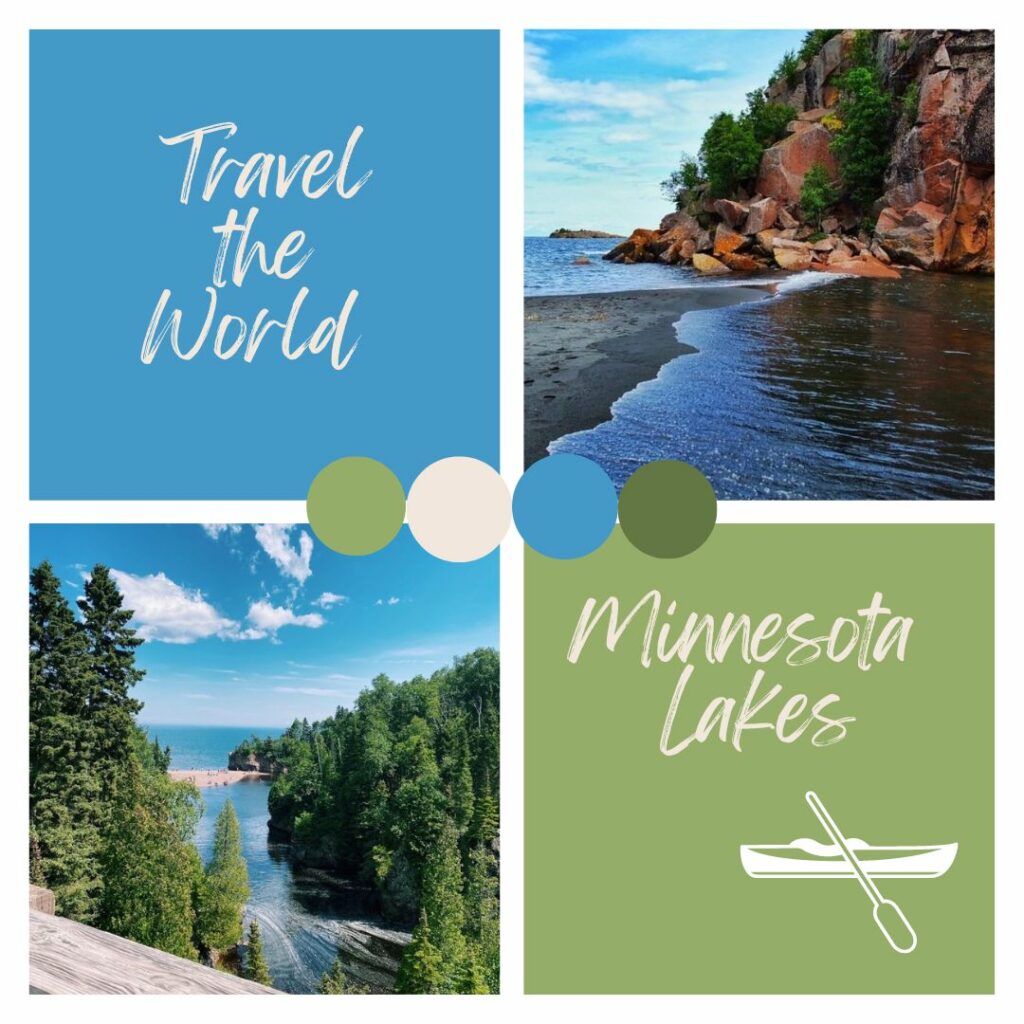 A photo with four squares - one square is blue, one is green, with the text Travel the world, Minnesota Lakes, and two are images of lakes, mountains and the sky.